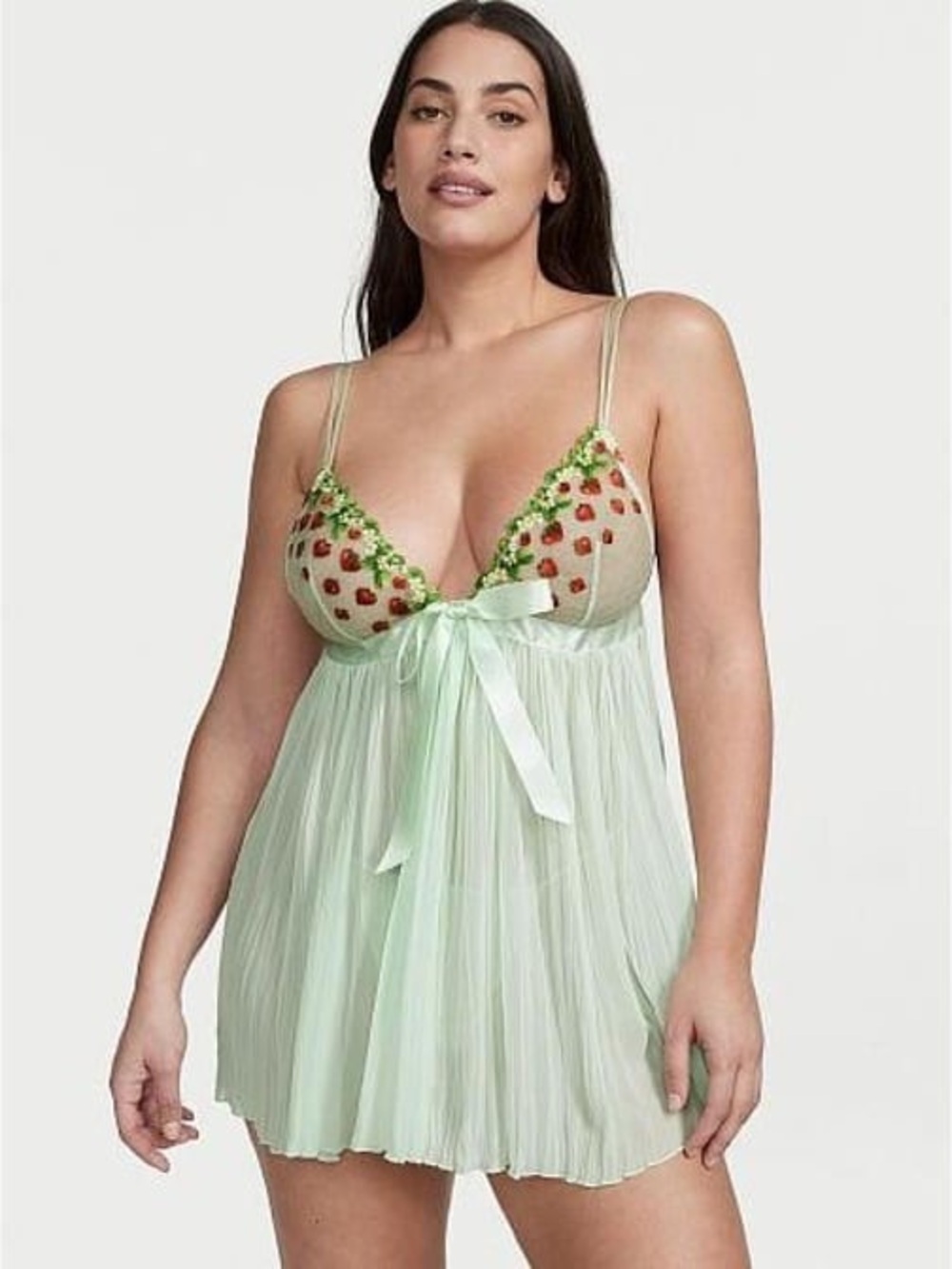 Victoria's Secret Light Green Strawberry Embroidered Babydoll Chemise